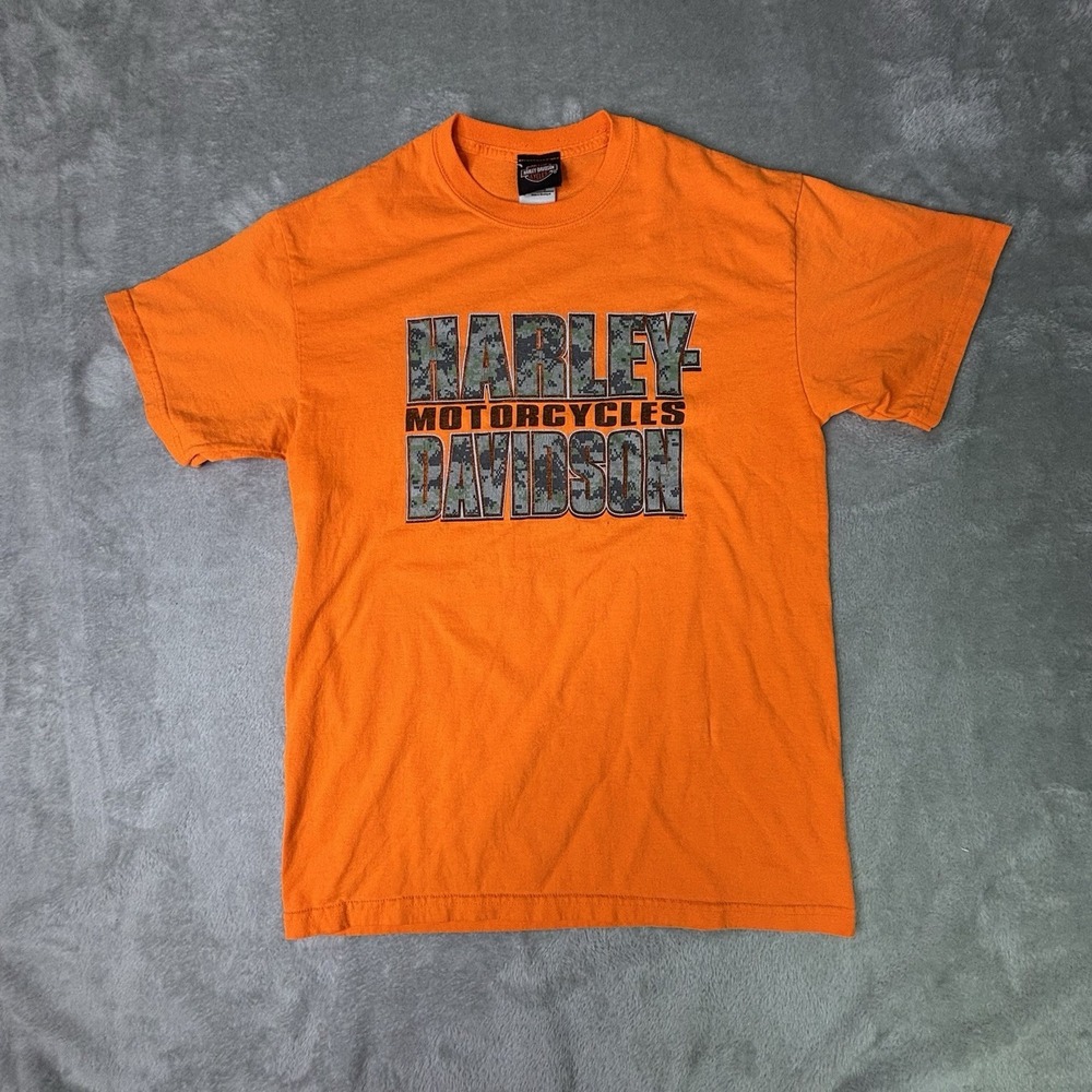 Vintage Harley Davidson Shirt Mens Medium Orange Mansfield Ohio Hales Motorcycle